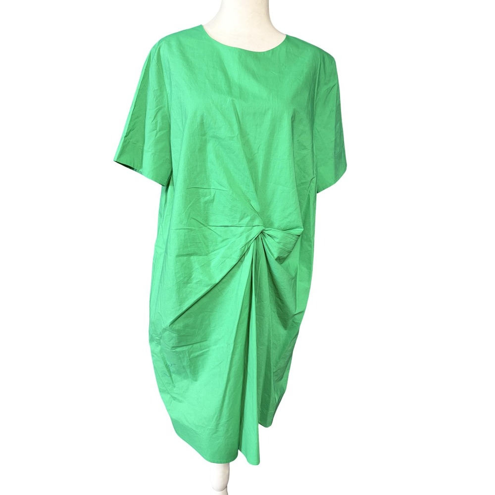 COS Dress Womens 14 Green Cotton Ruched Shift Short Sleeve Twist Front Midi